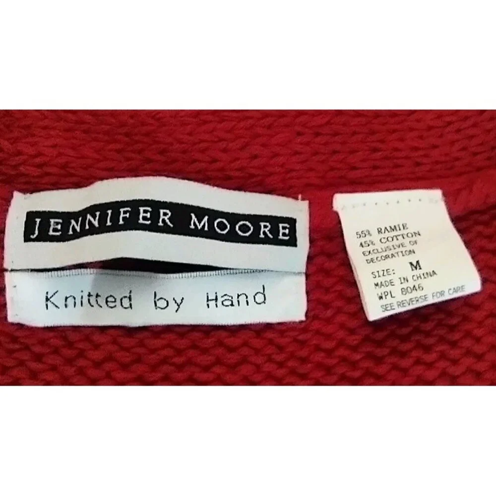 Jennifer Moore Vintage CHRISTMAS Sweater Hand Knit Beads Bows Three Women Size M - Picture 9 of 13